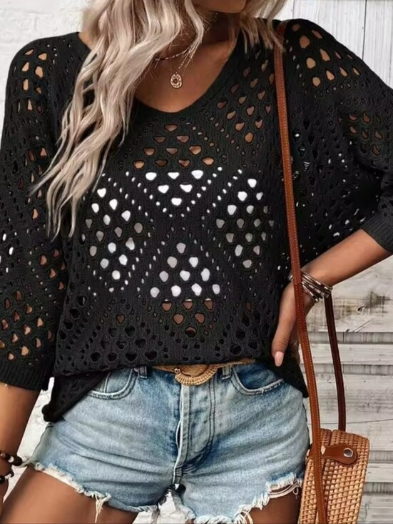 Tops - Womens |XL| Black Loose 3/4 Sleeve Open Crochet Knit Top